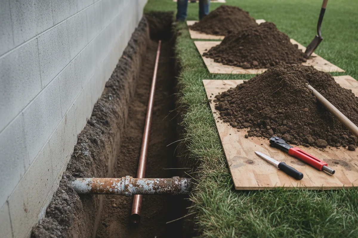 Excavated water line trench during Water Heater Repair in Rosamond